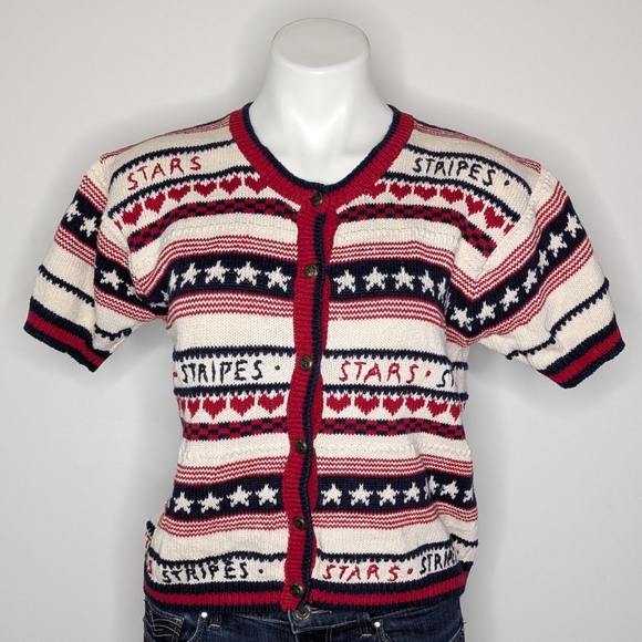 Vintage Sweaters - Vintage Street Level Red White Blue Patriotic Stars & Stripes Cardigan Sweater S